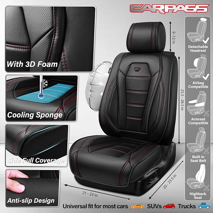 CAR PASS Luxury Nappa Leather Car Seat Covers Front Seats, Waterproof Seat Cover for Cars 2 Seats, Black Car Seat Protector, Automotive Seat Cover Universal Fit for Most Sedans SUV Trucks Black - Image 3