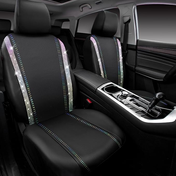 CAR PASS Leather Bling Diamond Car Seat Covers 2 Front Interior Sets, Waterproof Universal Shining Glitter Crystal Sparkle Fit for 95% Auto Truck SUV Cute Women Girl, Black Multicolor Rhinestone - Image 7