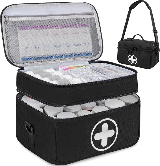 Medicine Storage Bag, 2 Layer Pill Bottle Organizer Storage Bag Empty | Lockable Medical Travel Bag with Adjustable Divider, Suitable for Pills, Vitamins, Fish Oil, Medical Supplies by WELIDAY