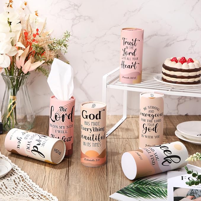 Outus 12 Pack Christian Car Tissues Cylinder Holder with Facial Tissue Bulk Round Bible Verses Napkins Container for Car Home Travel Prayer Church Gifts, 6 Designs - Image 5