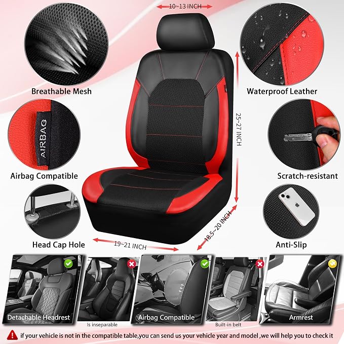 CAR PASS Leather Car Seat Covers Front Seats Only, with Air Mesh Front Seat Covers Breathable, Cool Automotive Seat Covers 2 Pack, Universal Fit Most Cars,SUV,Truck,Van Airbag Compatible(Black & Red) - Image 2