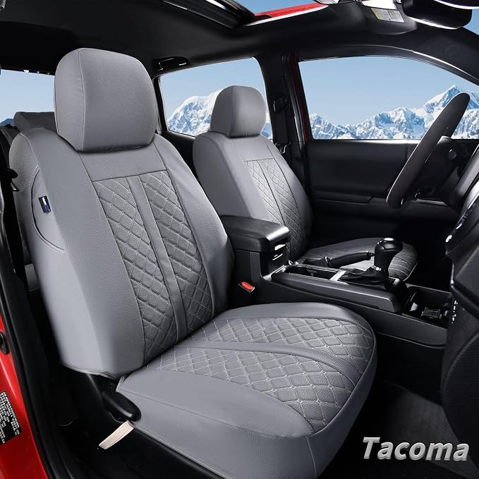 Truckiipa Seat Covers for Tacoma Full Set Leather Truck Seat Covers Waterproof Car Seat Cover Cushion Custom Fit for 2005-2015 Toyota Tacoma Double Crew Cab, Full Set, Gray - Image 2