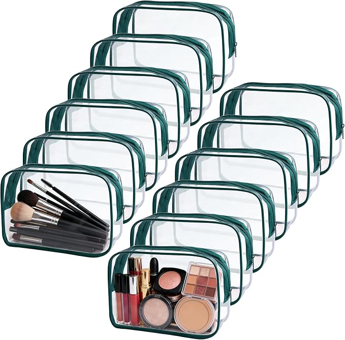 12 Pieces Clear Makeup Bags Bulk, TSA Approved Toiletry Bag Cosmetic Toiletries Pouch with Zipper, Waterproof Vinyl Plastic Organizer Case for Carry-on Travel Essentials (Green Medium) by YOQIVEXU