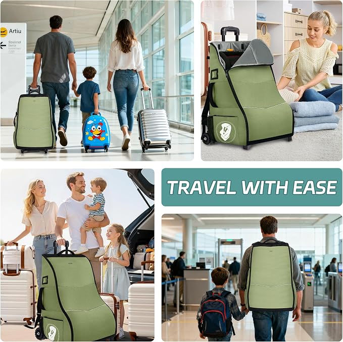 Rolling Car Seat Travel Bag with Wheels – Car Seat Backpack Transport Case for Airplane Travel, Fits Convertible & Booster Seats, Protective Storage Cover, (Green) - Image 5