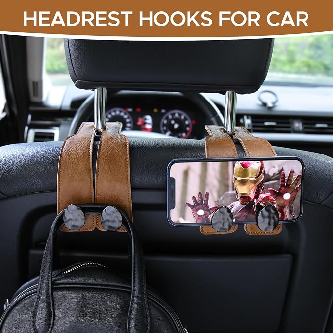 Leather Car Purse Hook for Headrest, 2 Pack (Brown-Black) | Twin Hooks Headrest Hangers, 2/4 Pack, No-Slip, Scratch-Proof, Holds Purses, Backpacks, Grocery Bags, Car Organizer Gift - Image 3