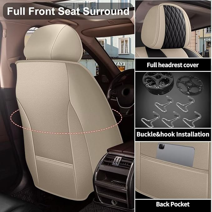 IKABEVEM Car Seat Covers Fit for Infiniti M37 2007-2013 Full Set | Waterproof Faux Leather, Airbag Compatible, Easy to Install & Wipe Car Seat Protector,5 Seats Covers Fit for , Beige&Black - Image 3