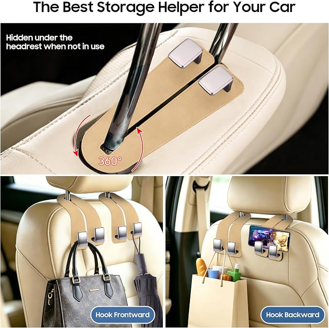 Amooca Car Headrest Hooks 4-Pack Suede Seat Organizer with Metal Core | Universal Fit, Double-hook Design, Backseat Storage for Backpack Umbrella Water Bottle Coat Purses Handbags Groceries, Beige - Image 6