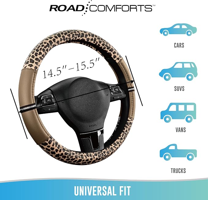 Road Comforts Leopard Steering Wheel Cover for Women, Cute Anti-Slip Microfiber Leather, Universal Fit 14.5-15 Inch Round Steering Wheel - Beige - Image 6