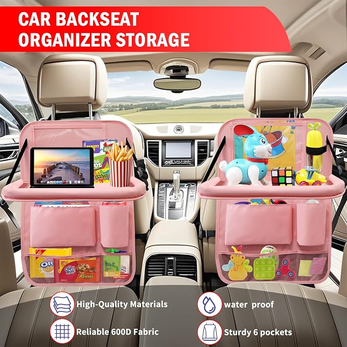 2Pack Car Backseat Organizer with Foldable Table Tray,6 Storage Pockets Car Storage Organizer with Tablet Holder,Car Seat Back Protectors Kick Mats Travel Accessories (Pink) - Image 4