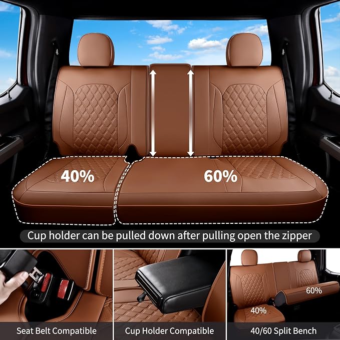 Huidasource Fit for Brown Chevy Silverado/GMC Sierra Rear Seat Covers, Thickened Split Nappa Leather Truck Back Seat Cover 2007-2013&2019-2026 1500, 2020-2026 2500HD 3500HD Crew Cab WT LS LT - Image 3