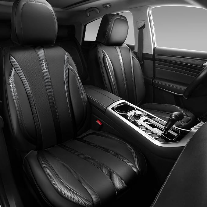 CAR PASS Carbon Fiber Nappa Leather Car Seat Covers Front Only Cushioned Leatherette 2 Piece Padded Waterproof Universal Fit for Cars SUV Truck Pickup Automotive Vehicle Interior, 2PCS Black - Image 3