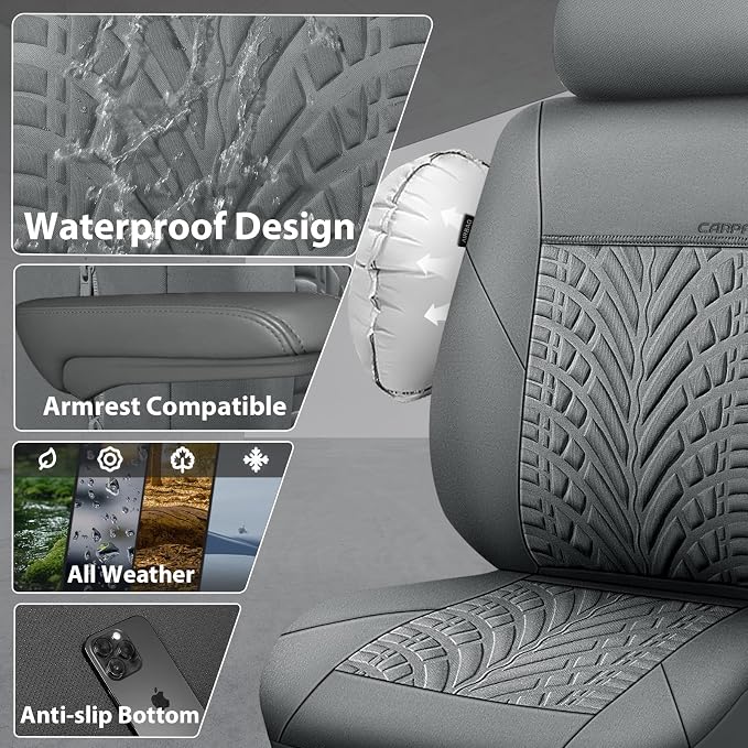 CAR PASS Neoprene Waterproof Seat Covers Full Sets, Wetsuit Car Seat Covers 5 Seats Universal Fit for Vans, Truck, SUV, 3D Tyre Embossed Seat Covers Anti Slip with Armrests, Aibag Compatible(All Gray) - Image 2
