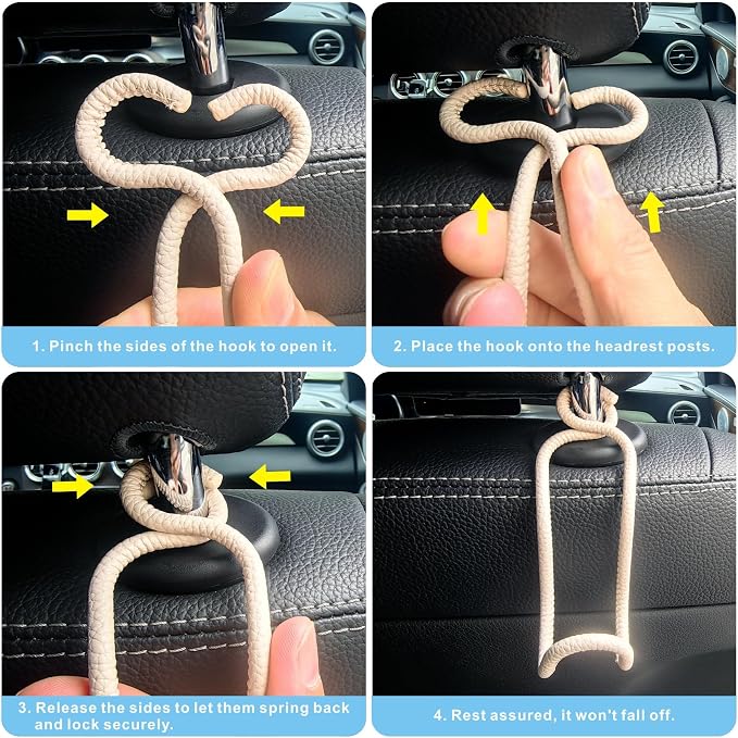 Purse Hooks for Car - 2 Pack Back Seat Storage Holder - Beige Leather/2L | Universal Car Headrest Hanger with Anti-Drop Lock Loop for Hat Bag Grocery Handbag Coat Must Have Stuff for Vehicle Truck SUV - Image 7