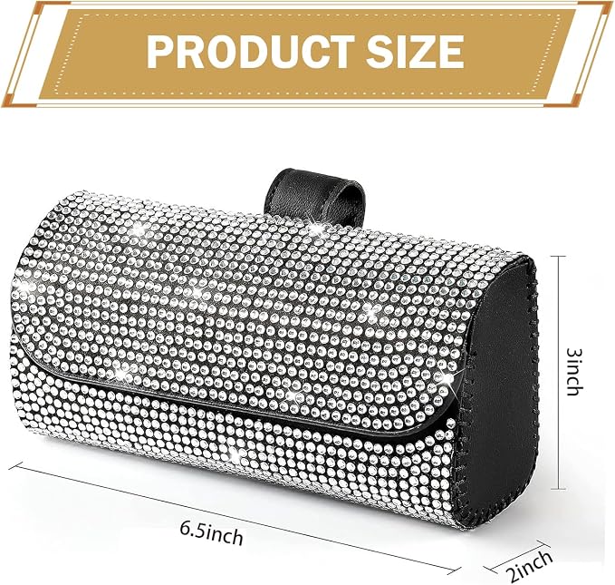 Bling Sunglasses Holder for Car Sun Visor, Rhinestone Auto Eyeglasses Mount Clip Organizer, Leather Sunvisor Sunglasses Storage Case, Universal Glasses Holder Clips for SUV, Sedan, Van (White) - Image 2