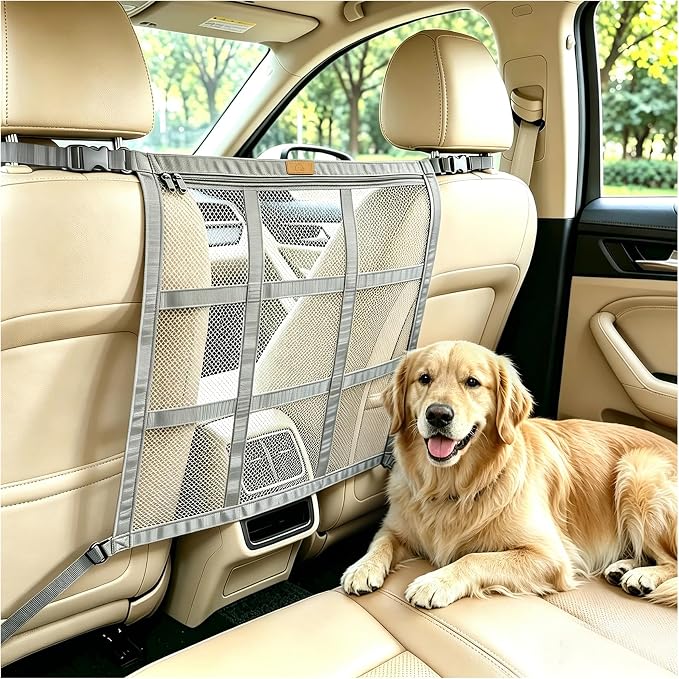 KINIVA Dog Car Barrier, Upgraded 22.4"x22.6" Pet Barrier for Cars, Heavy Duty Mesh Dog Net Between Front Seats, Double-Layer Pet Divider with Leather Logo, Universal Fit for SUV Sedan Trucks (Grey) by KINIVAFashionJewelry