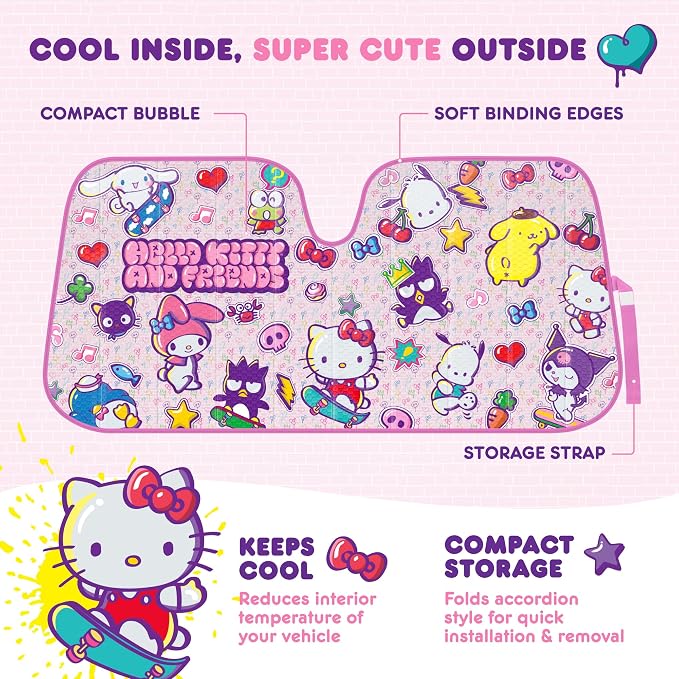 Carbella Hello Kitty and Friends Car Windshield Sun Shade, Official Sanrio Accordion Style Sunshade for Car Window, Cute Car Sun Shade Windshield, Hello Kitty Car Accessories for Women (HK & Friends) - Image 3