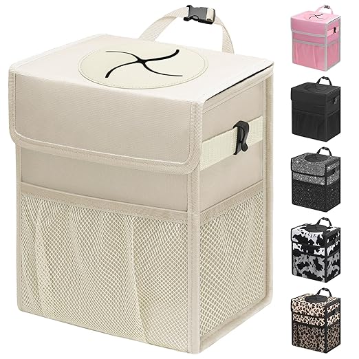 Capolo Car Trash Can with Lid, Leakproof Car Garbage Can Car Trash Bag | Waterproof, Trash Can for Car, 3 Mesh Pockets, Mini Hanging Vehicle Car Trash Bin, for Back/Front Seat (Beige,2.5 Gal) by Capolo