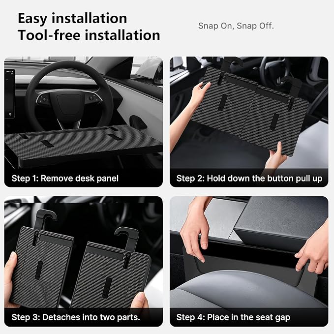2-in-1 Car Steering Wheel Desk Tray & Seat Gap Filler Organizer | Foldable Car Laptop Table with Adjustable Hooks, Fits Most Steering Wheels, Carbon Fiber Look - Image 4