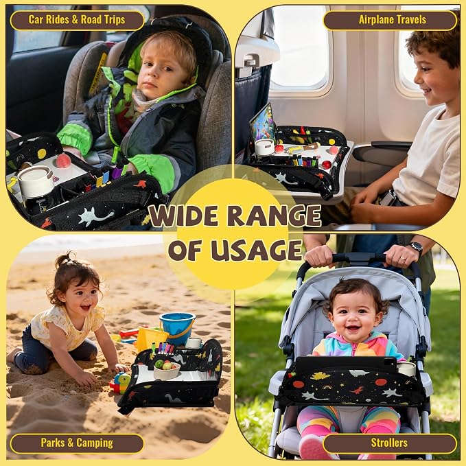 Kids Travel Tray for Car Seat, Toddler Car Seat Activity Tray, Kids Carseat Lap Table, Road Trip Essentials for Airplane, Lap Desk for Kid Roadtrip Activities, Cosmic Dino - Image 3