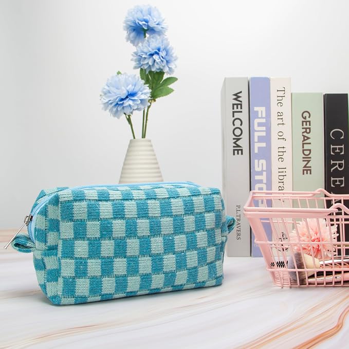 Checkered Makeup Bag for Purse, Small Cosmetic Pouch,Lake Blue,2 Pack | Cute Zipper Makeup Organizer for Women, Travel Essentials, Toiletries, Makeup Brushes, Beauty Accessories&Bridesmaid Gifts - Image 6
