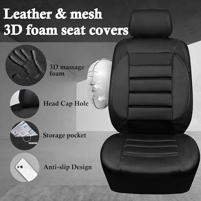 CAR PASS Breatherable Air Mesh Car Seat Covers Full Set, 3D Foam Back Support Automotive Seat Covers, All Season Car Seat Cover Fit Automotive,SUV,Sedan,Van, Airbag Compatible (Black) - Image 3