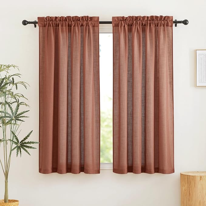 RYB HOME Linen Semi Sheer Curtains 72 inches Long for Living Room | Half Privacy, Light Filtering, Window Curtains & Drapes, Terracotta, W52 x L72, 2 Panels - Image 2