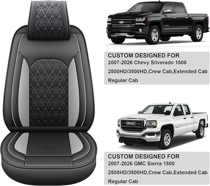 Chevy Silverado Seat Covers,Leather Seat Covers for GMC Sierra,Custom Fit 2007-2026 1500 2500HD 3500HD Crew Double Extended Regular Cab,LT LZT RST Trail Boss(Front Pair,Black Grey) - Image 5