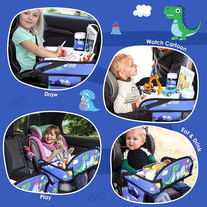 Kids Travel Tray for Toddler Car Seat, Road Trip Activities for Kid | Toddler Car Activities with iPad Holder Stand, Roadtrip Essentials with Dry Erase Board & Cooler Cup Holder,Blue Dinosaur - Image 5
