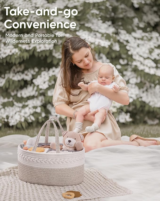 Maliton Diaper Caddy Organizer for Baby, Cotton Rope Baby Gift Basket, Portable Diaper Organizer for changing table, Nursery Storage Organizer, Shower Gifts for Newborn,baby essentials | 100% Cotton Rope Baby Caddy, Soft Yet Structured, Nursery, Car & ... - Image 8