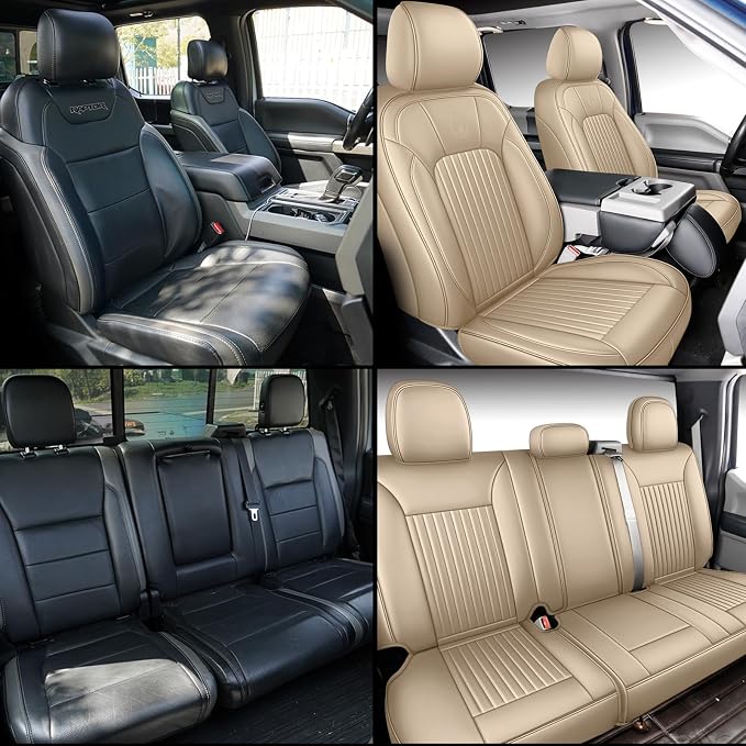 MINGBRON Ford Seat Covers, Leather Pickup Seat Cushion Cover Fit for 2009-2026 Ford F150 SuperCrew & F250 F350 F450 Super Duty Crew Cab XL XLT Lariat King Ranch Platinum(Full Set/Beige) - Image 3