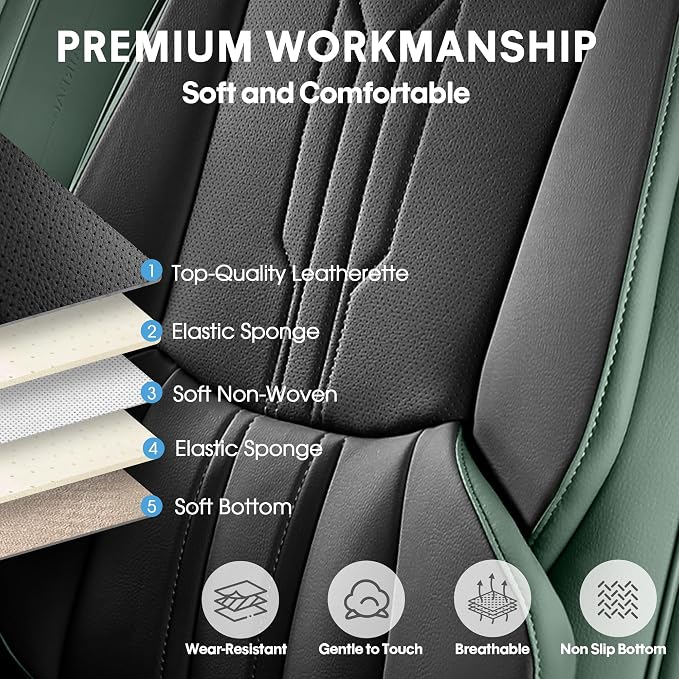 Car Seat Covers Custom Fit for Ford F150 2009-2026, Faux Leather Seat Cover Set for 2017-2026 F250 F350 F450, Accomodating Regular Cab Super Cab Super Crew Pickup Truck Cushions(BlackGreen,Front Seat) - Image 4