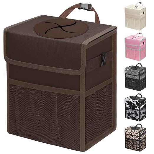 Capolo Car Trash Can with Lid, Leakproof Car Garbage Can Car Trash Bag | Waterproof, Trash Can for Car, 3 Mesh Pockets, Mini Hanging Vehicle Car Trash Bin, for Back/Front Seat (Brown,2.5 Gal) by Capolo