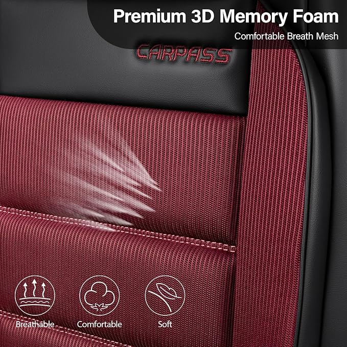CAR PASS Memory Foam Seat Covers Front, Airy Cool Mesh Thick Car Seat Covers, Leather Car Seat Covers Front Seats Airbag Compatible, Universal Automotive Comfort for Most Cars, Trucks, SUV, Burgundy - Image 5
