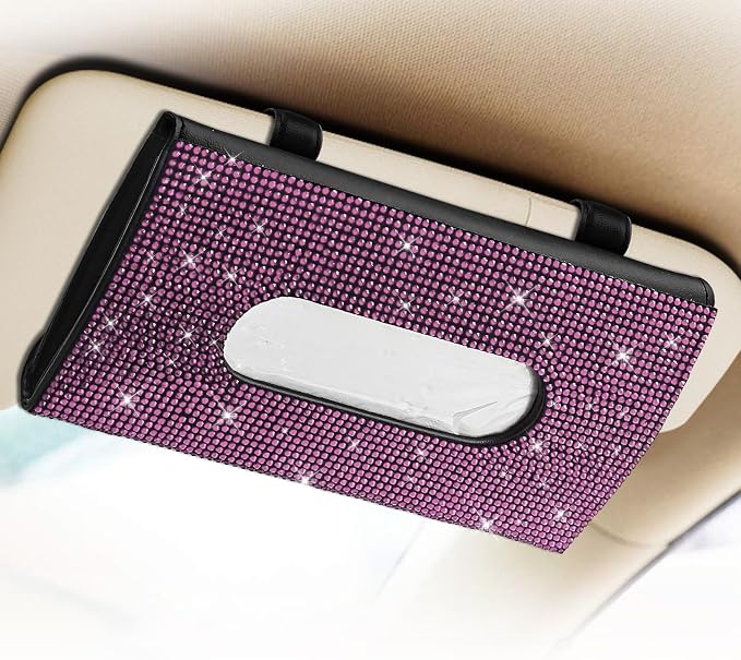 Bling Car Sun Visor Tissue Box Holder, Car Visor Tissue Holder, PU Leather with Bling Crystal Rhinestones Tissue Holder, Backseat Paper Towel Cover Case Auto Accessories for Women (Pink) by Unknown