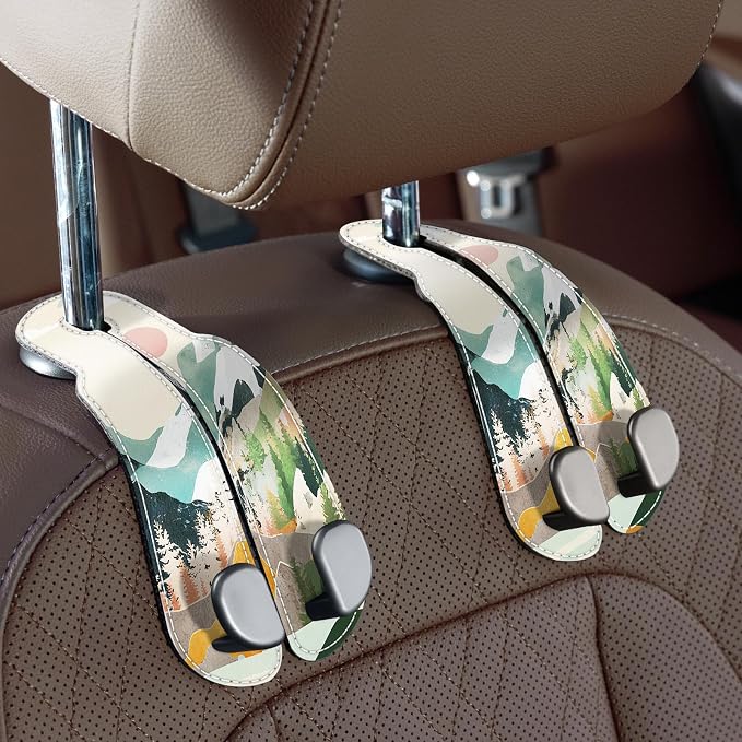 CoBak Purse Hook for Car - Universal Premium Stitched Leather and Aluminum-Magnesium Alloy Double Car Seat Back Storage Hook for Purses, Handbags, Bags (2 Pack),Mountain Calm by PopulartabletcasebrandWegivepeoplethebestdesignofprotectingvariouselectronicdevices