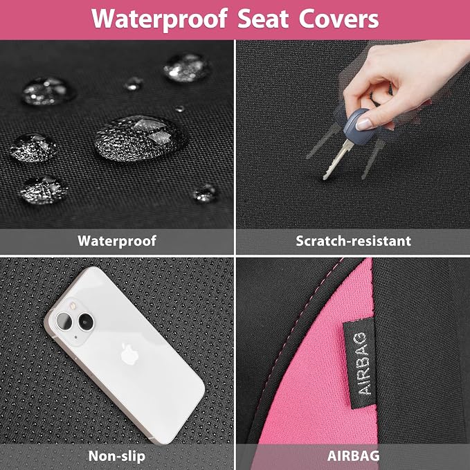 CAR PASS Waterproof Car Seat Covers Full Sets, Universal Fit Seat Covers for Cars, EVA Neoprene Seat Cover Set Full Sets, Interior Covers for Auto SUV,Vans,sedans, Trucks,(Black Pink) - Image 7