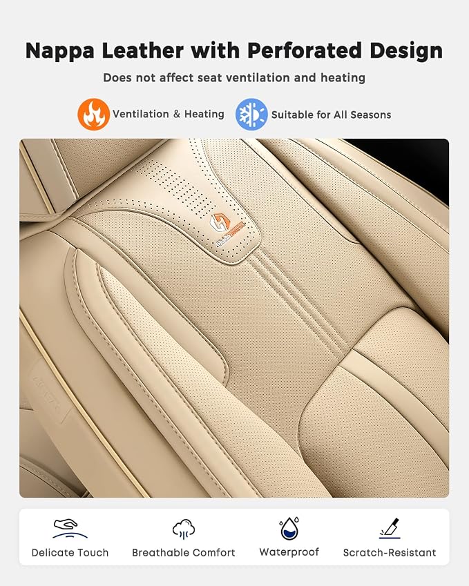Huidasource Beige Seat Covers Luxury Nappa Leather, Car Seat Cover with Velcro Adjustable, Airbag, Lumbar Support, Cooling＆Heating, Automotive Seat Covers Universal Fit for Most Cars SUV Trucks Beige - Image 7