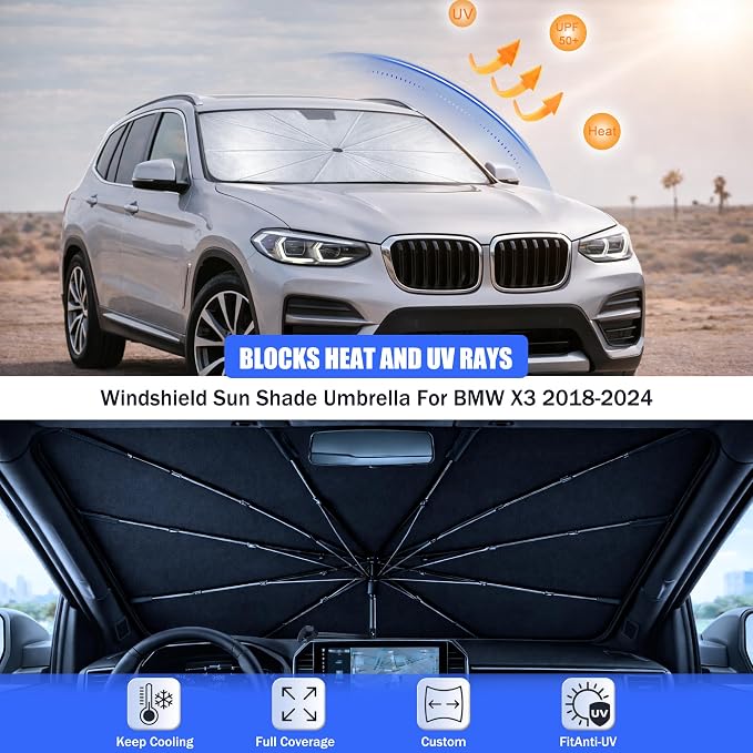 Car Windshield Sun Shade Umbrella for BMW X3 2018-2024 | 2026 Upgraded,Custom-Fit Umbrella Sunshade,Easy Install,UV Protection & Heat Reflective,Keep Interior Cooler with Storage Bag - Image 3
