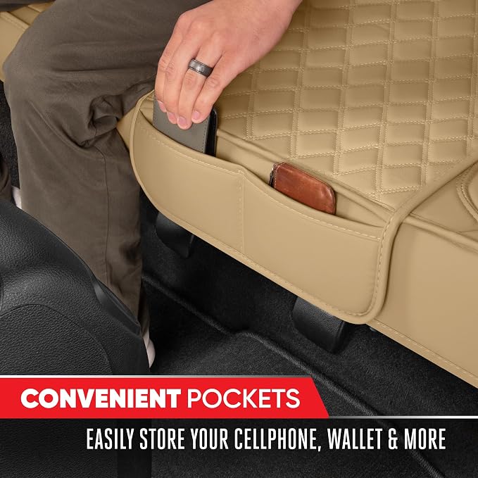 Motor Trend Rear Seat Cushion - Beige Diamond Stitched Faux Leather Rear Seat Cover for Cars, Trucks, SUVs - Padded, Waterproof, Non-Slip Back Seat Cover with Storage Pockets - Image 5