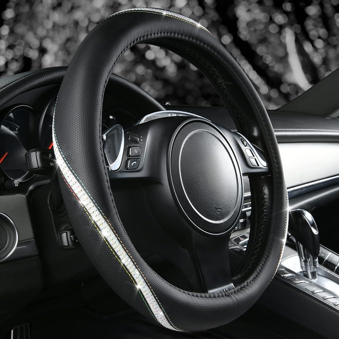 CAR PASS Bling Diamond Black Leather Steering Wheel Cover, Studded Crystal Rhinestones Universal Fit 14" 1/2-15" Glitter for Women Sparkle Girl Fit Suvs,Vans,Sedans,Car,Trucks, Multicolor Diamond - Image 4