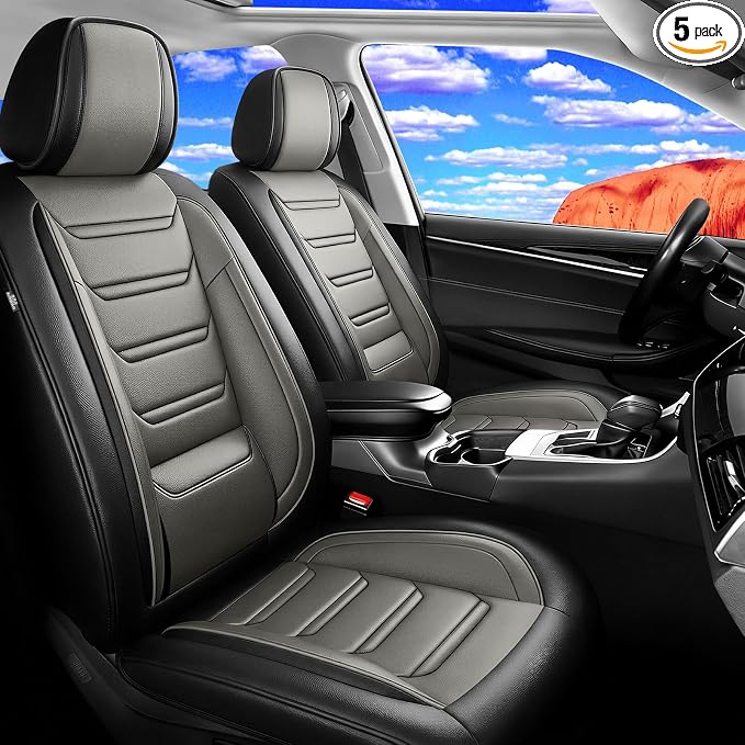 Fit Palisade Car Seat Covers for Select Hyundai Palisade 2000-2026 - Premium Full Coverage Leather, Airbag Compatible, Waterproof & All Weather Seat Cushion Protector, 5 Seats, Black+Gray by FiveFox