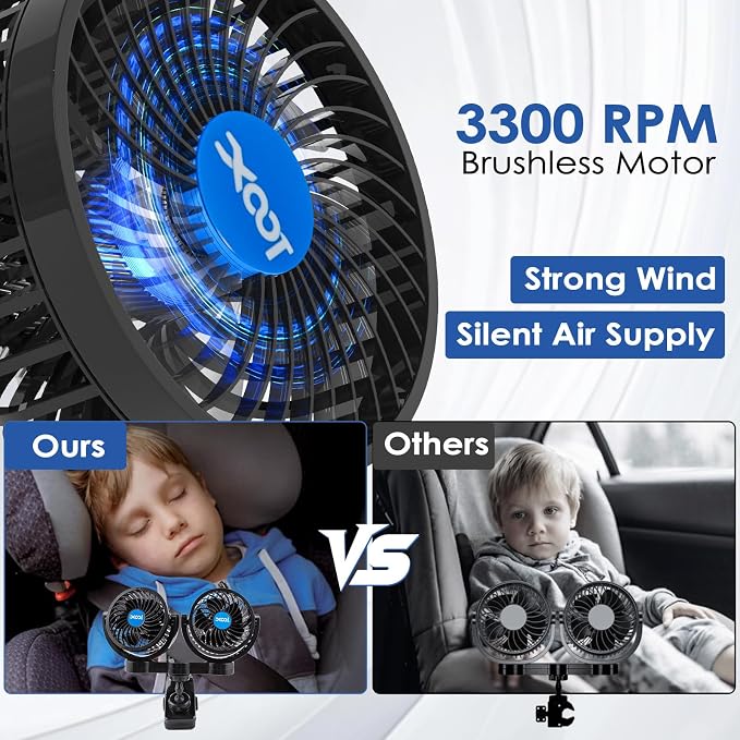 XOOL Clip Car Fan, Adjustable Dual Head 4 Inches 12V Fan for Front/Rear Seat Passenger, 360° Rotatable Electric Car Cooling Fans with Stepless Speed Regulation for SUV, RV, Vehicles - Image 6
