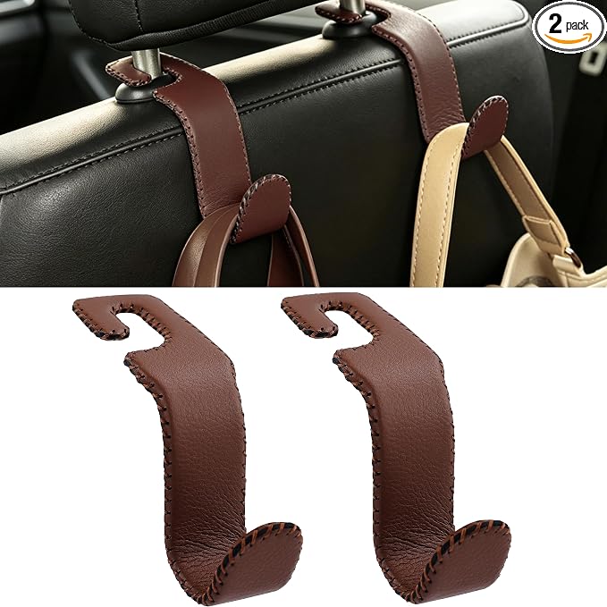 Car Seat Headrest Hook Heavy Duty 55lb Metal Hanger with Leather for Bags | Universal Vehicle Seat Back Organizer, Ergonomic Design, Hang Groceries Handbag Backpack Water Bottle, 2 Pack Brown by Amooca