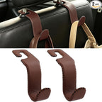 Car Seat Headrest Hook Heavy Duty 55lb Metal Hanger with Leather for Bags | Universal Vehicle Seat Back Organizer, Ergonomic Design, Hang Groceries Handbag Backpack Water Bottle, 2 Pack Brown by Amooca