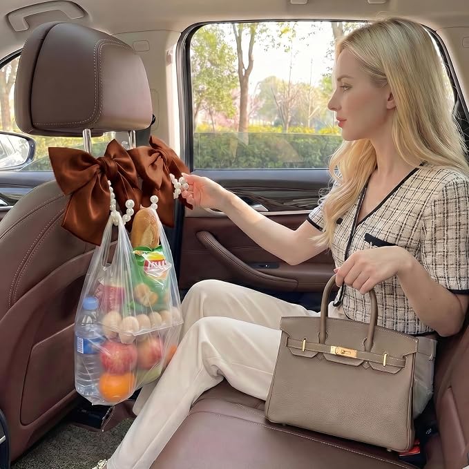 2PCS Satin Bow Pearl Car Seat Headrest Hooks – Car Bag Holder & Vehicle Hanger for Purses – Cute Coquette Aesthetic Interior Decoration – Cute Auto Organizer Accessories Universal (Woody Brown) - Image 9