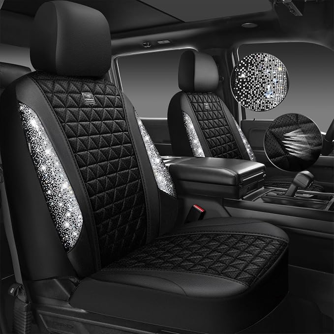 CAR PASS 3D Air Mesh Seat Covers for Cars, Bling Diamond Leather Foam Car Seat Covers for 2 Front Interior Sets, Automotive seat Covers Universal Fit Truck SUV Cute Women Girl, Black Silver Rhinestone - Image 2