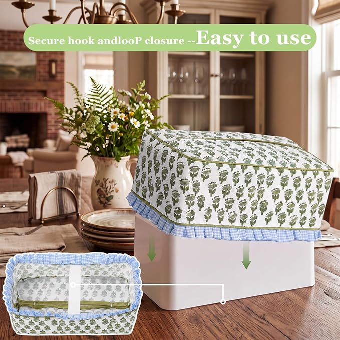 Block Print Fabric Tissue Box Cover, Hydrangea, Olive Green | Rectangular Ruffle Sleeve, Decorative Holder for Bathroom Vanity Car, Napkin Dispenser Grand Millennial Boho Decor Home - Image 4