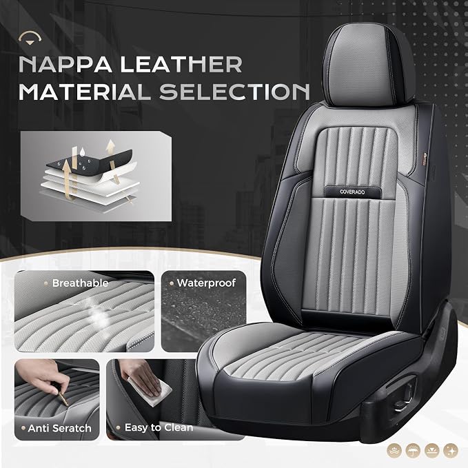 Coverado Car Seat Covers Front Seats, Seat Covers for Cars, Car Seat Protector, 2-Pack Car Seat Cushion Nappa Leather, Waterproof Seat Covers Carseat Cover Universal Fit for Most Cars(Black&Gray) - Image 2