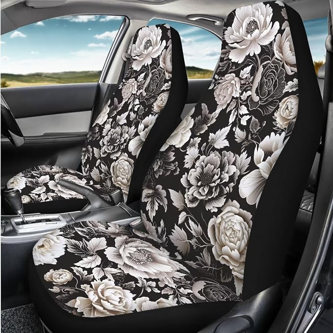 Black White Flower Universal Front Seat Covers, Pack of Two Easy to Install Fit for Trucks Vans SUV Sedans Automotive Comfortable - Image 7