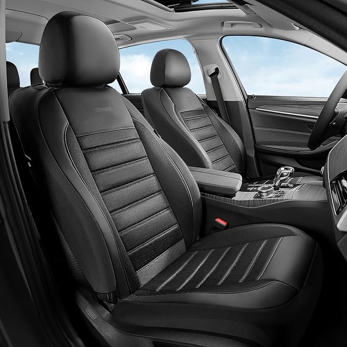 Coverado Car Seat Covers Full Set, Luxury Leather Car Seat Covers, Automotive Front and Rear Mesh Seat Covers, Full Set 5 Seats, Black Seat Covers for SUV Sedan Truck - Image 2